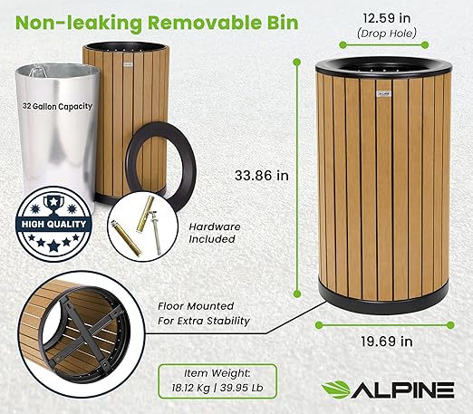 Alpine 32 Gallon Commercial Outdoor Trash Can - Heavy Duty Garbage Can Outdoor, Industrial Open Top Trash Can with Plastic Panels for Patio, Parks, Trails, Resorts (Flat Lid - Cedar)