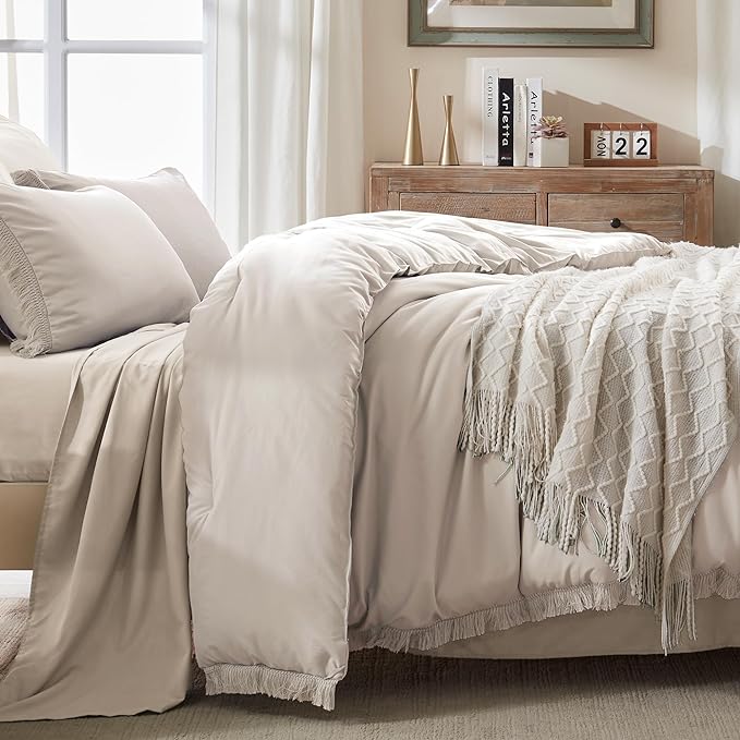 Andency Oatmeal Comforter Set Twin Size, 2 Pieces Boho Tassel Lightweight Bedding Comforter Sets, All Season Soft Fluffy Fringe Bed Set (66x90In Comforter & 1 Pillowcase)