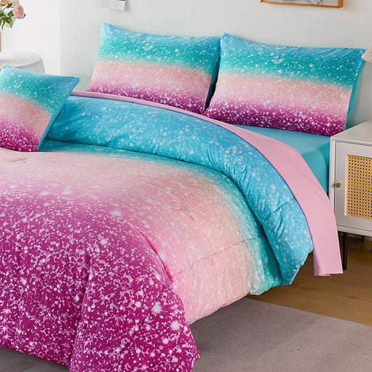 URBONUR Queen Comforter Set for Girls Teens Kids Ombre Purple Orange Teal Bedding Set Soft & Fluffy Girls Bed Set for Queen Bed Comforters with Sheets Set