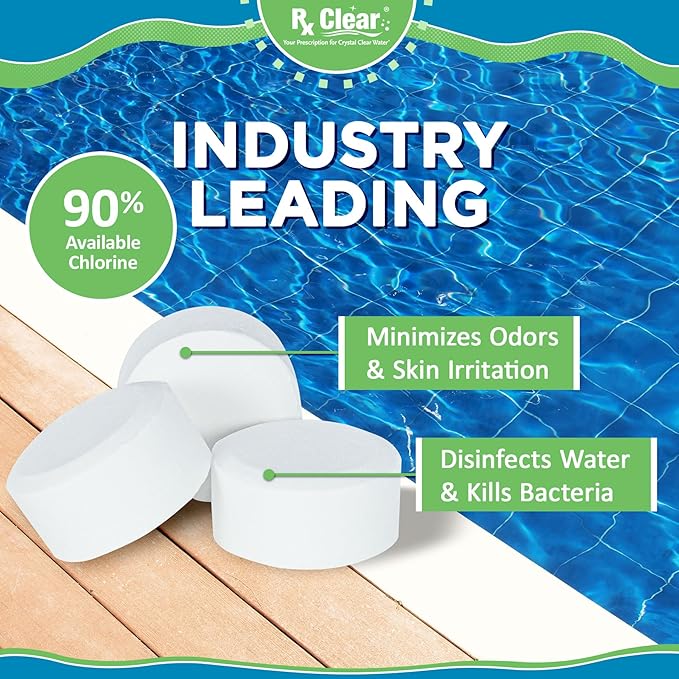 Rx Clear 1" Inch Chlorine Tabs | 15 Pounds | Use Tablets as Bactericide, Algaecide, & Disinfectant in Swimming Pools | Stabilized, Long Lasting, Slow Dissolving, & UV Protected