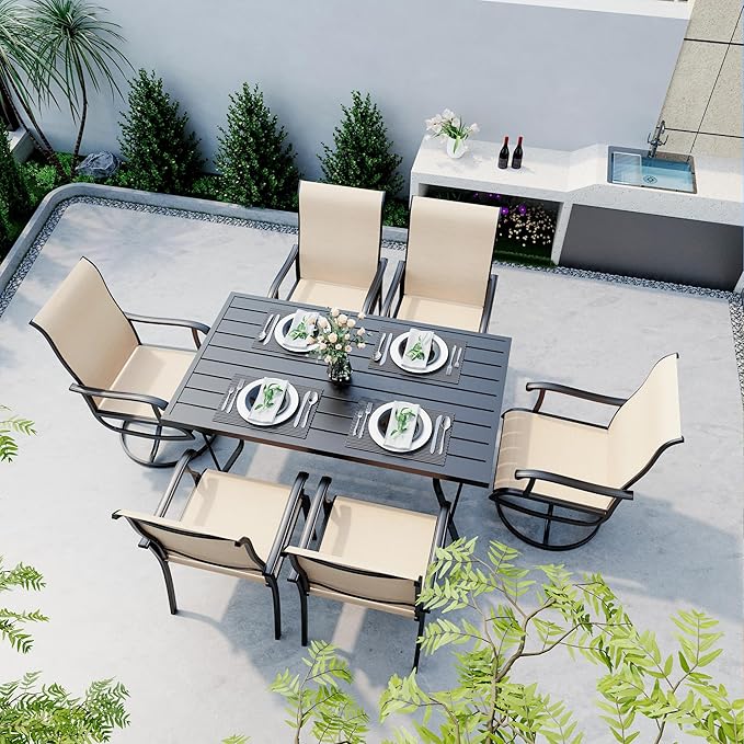 Pamapic 7 Pieces Patio Dining Set, Outdoor Dining Set for Garden Backyard Poolside Deck,Outdoor Table and Chairs Set with 4 Textilene Swivel Chairs & 2 Regular Chairs,Beige