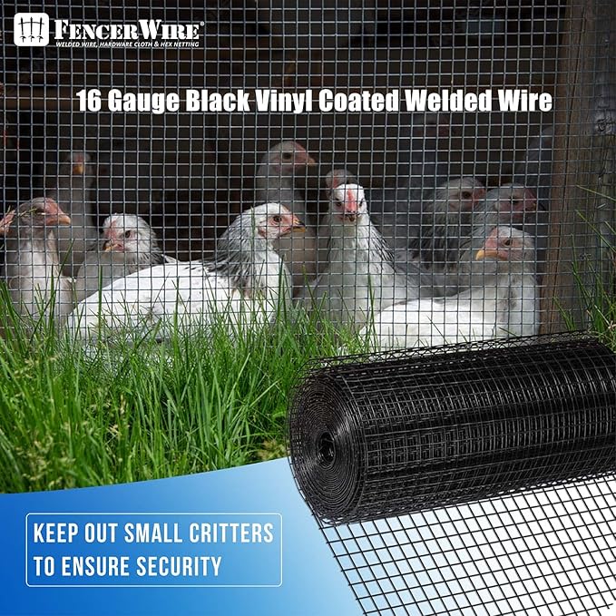Fencer Wire 16 Gauge Black Vinyl Coated Welded Wire Mesh Size 1 inch by 1 inch for Home and Garden Fence and Pet Enclosures Protect Chickens Rabbits and Farmed Animals (d) 4 ft. x 50 ft.