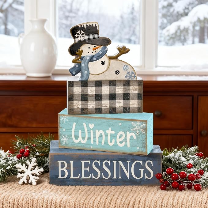 Moucuny 4 Pcs Winter Table Decorations Playful Snowman Decor Indoor Winter Tiered Tray Decor Rustic Wooden Decorative Snowman Block Sign Gift Snowflake Centerpiece Farmhouse for Home Kitchen