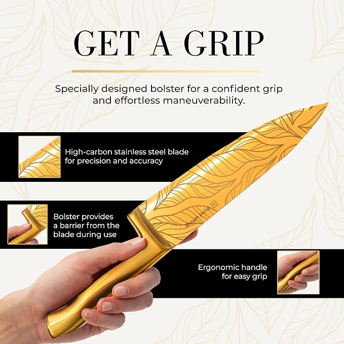 Styled Settings Gold Knives with Etched Leaves Pattern and Sharpener Block | 14-Piece Gold Titanium-Coated Blades with Beautiful Pattern, Ultra-Sharp Stainless Steel, & Stylish Kitchen Knife Block Set