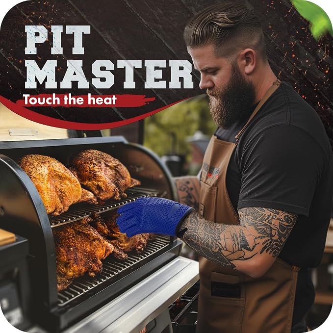 KITCHEN PERFECTION Silicone Smoker BBQ Gloves - Heat Resistant Oven Mitts | Waterproof, 5-Finger Design For A Better Grip, for Pitmasters, Meat Smoking, Grilling, Cooking, Frying Turkey | Grill Gift
