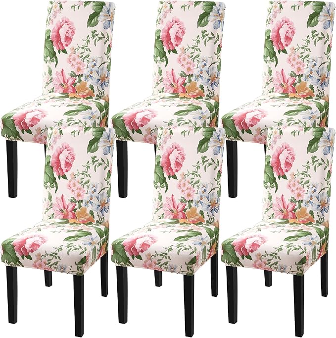 Fuloon Chair Covers for Dining Room 6 Pack, Printed Stretch Dining Slipcovers, Washable Kitchen Slip Covers for Parson Chair, Flowers Blossoms Printed, Set of 6