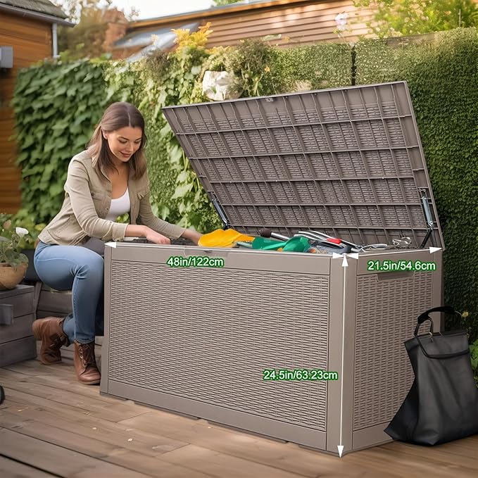 100 Gallon Outdoor Deck Box,Storage Lockable Waterproof Patio Furniture,Garden Tools,Cushions,Pool Accessories Outside Storage Resin Box(Grey)