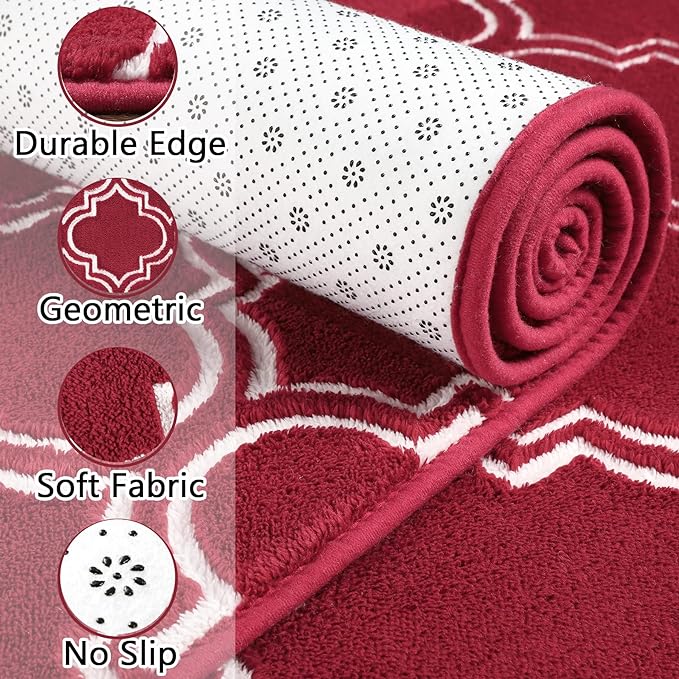 Chicrug Shag Geometric 4x6 Area Rug for Living Room, Large Modern Memory Foam Indoor Carpet, Fluffy Rug for Bedroom Bedside Room Decor for Family Girls Kids Nursery, Wine Red/White