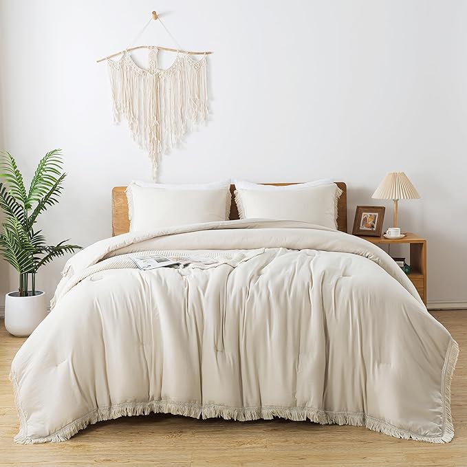 Andency Queen Comforter Set Beige, 3 Pieces Boho Lightweight Fluffy Bedding Comforters & Sets, Soft Tassel All Seasons Bed Set Gift Choice (90x90In Comforter & 2 Pillowcases)
