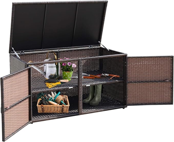 HAPPYGRILL Deck Box Outdoor Wicker Storage Box Cabinet 88 Gallon Storage Container Bin Box for Furniture Tools in Garden Balcony Porch Yard