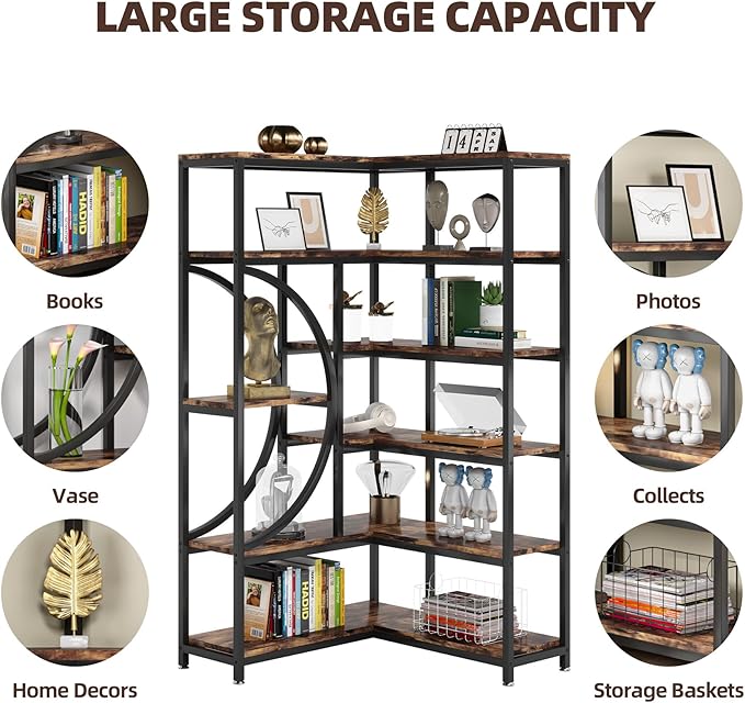TIYASE 6-Shelf Corner Bookshelf Industrial 6-Tier Corner Etagere Bookcase, Large Corner Shelf L-Shaped Book Shelves Display Storage Rack with Metal Frame for Living Room Home Office, Rustic Brown