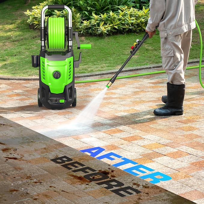 4800 PSI Pressure Cleaner- 4.0 GPM High Power Cleaner with 33FT Hose Reel, 4 Spray Tips and Soap Bottle for Car Washing, Fence Cleaning, Patio Maintenance(Upgraded)(Green)