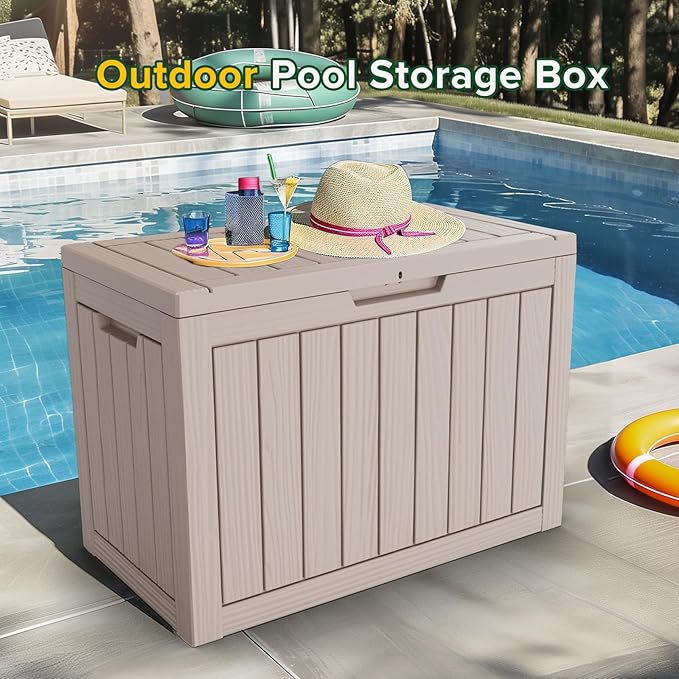 46 Gallon Outdoor Deck Box,Storage Lockable Waterproof Patio Furniture,Garden Tools,Cushions,Pool Accessories Outside Storage Resin Box(Grey)