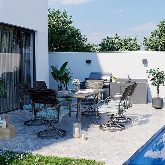 Pamapic 7 Piece Patio Dining Set for 6,Outdoor Wicker Furniture Set for Backyard Garden Deck Poolside with 6 Cushions Swivel Rocker Chairs,Iron Slats Table Top, Removable Cushions(Green)