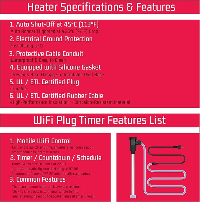 240V 3500W Immersion Water Heater for Hot Tub & Pool – Portable Electric Submersible Heater with Temp Control, Auto Shut-Off and WiFi Timer for Inflatable pool, Above Ground Pool and Bathtub