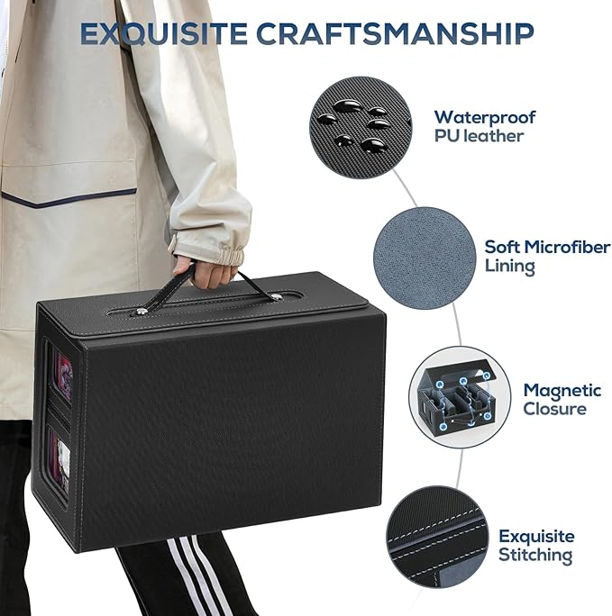 Trading Card Storage Box for MTG, card storage box with Commander Display,Multi-purpose Deck Case for MTG TCG Sports Card, 4 Toploaders, 4 Stoppers, 4 Colorful Dividers (Black & Grey)