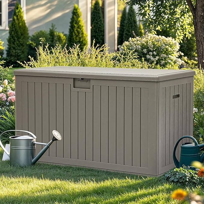 YITAHOME 200 Gallon Extra Large Deck Box, Double-Wall Resin Outdoor Storage Box with Flexible Divider for Patio Cushions Pool Supplies Garden Tools, 990 lbs Load Capacity, Lockable (Light Brown)