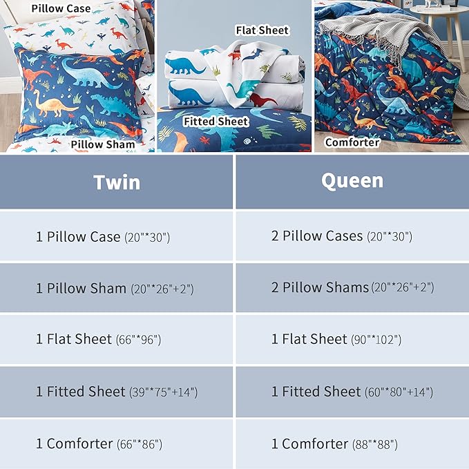 Kids Queen Bedding Comforter Set for Boys, 7 Pieces Soft Lightweight Dinosaur Bedding Queen Set with Sheets, Bed in a Bag, Durable Boys Queen Comforter Set
