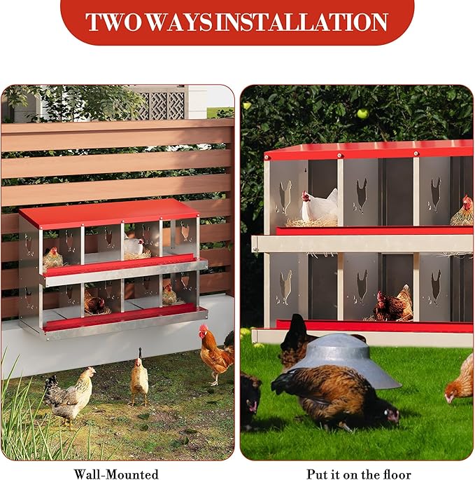 8 Grid Metal Chicken Nesting Box – Roll Away Egg Tray, Heavy Duty Rustproof Steel, Removable Plastic Trays, Lid Cover & Swing Perch, Ventilated for Hens/Ducks – Red (8 Grids, Without Bracket)