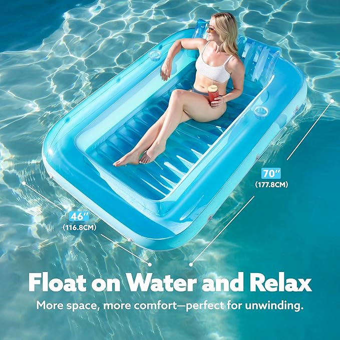 SLOOSH Inflatable Tanning Pool Lounger Float, 70" x 46" Pool Floats Adult with Pillow, 4 in 1 Suntan Tub Raft Floatie,Sunbathing Bed Lounge for Water Blow Up Kids Ball Pit Party Gifts, L-Blue
