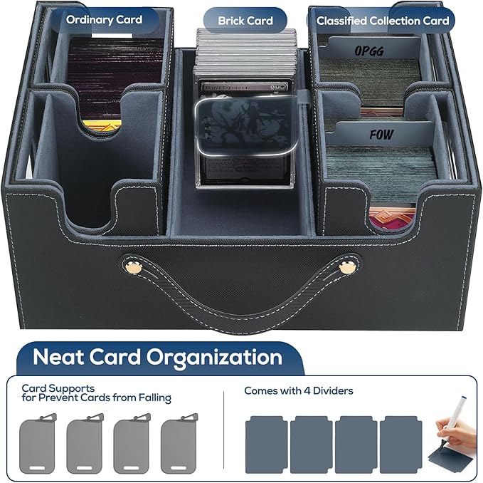 Trading Card Storage Box for MTG, card storage box with Commander Display,Multi-purpose Deck Case for MTG TCG Sports Card, 4 Toploaders, 4 Stoppers, 4 Colorful Dividers (Black & Grey)