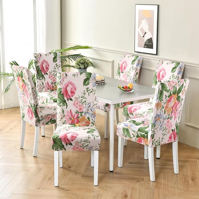 Fuloon Chair Covers for Dining Room 6 Pack, Printed Stretch Dining Slipcovers, Washable Kitchen Slip Covers for Parson Chair, Flowers Blossoms Printed, Set of 6