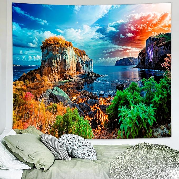 Delur Coastal Ocean Beach Tapestry Tropical Forest Tree Sunrise Sea Landscape Tapestry Wall Hanging Wave Sunset Nature Colorful Spiritual Headboard for Bedroom Living Room Home Decor (51.2" x 59.1")