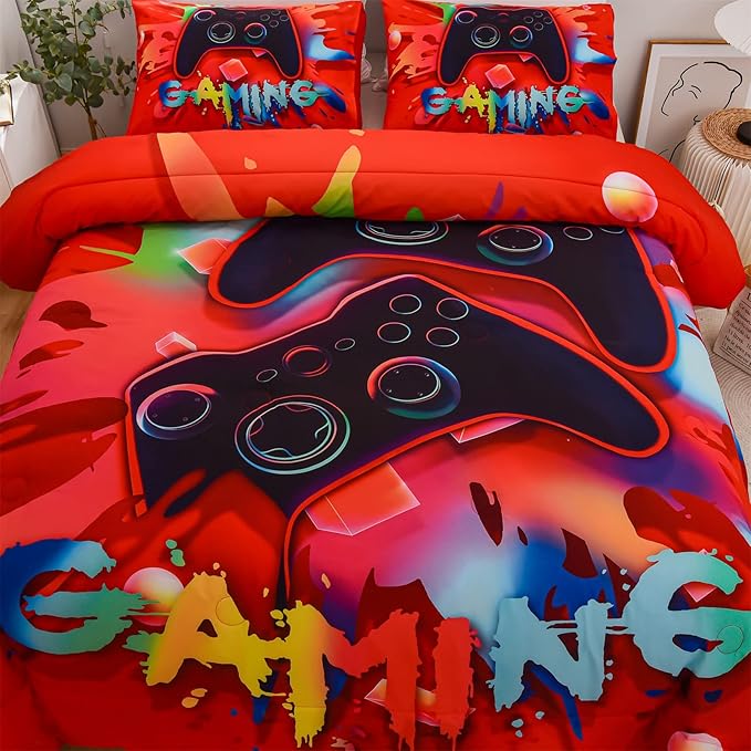 Aimuan Gaming Comforter Sets for Boys Kids Bedding Sets Video Games Console Action Buttons Novelty Colorful Game Gamepad Controller Modern Gamer Room Decor Home Quilt Set (Full, Red)