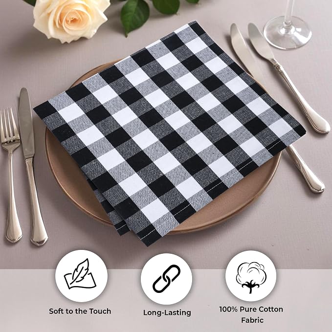 Urban Villa Cloth Napkins Cotton 20x20 (Set of 6) Black Cheks