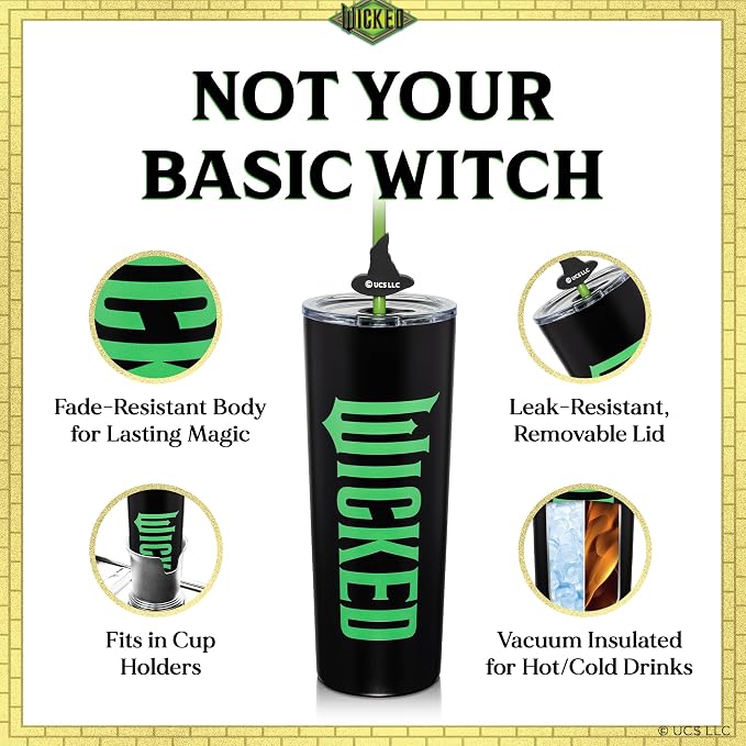 Dragon Glassware x Wicked: For Good Stainless Steel Tumbler, 24 oz 2-Pack | Set of 2 Vacuum Insulated Stainless Steel Wicked Cups with Lids & Straws; With Straw Charm; Official Wicked Merch