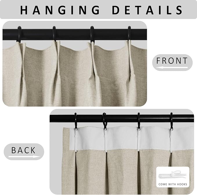 Macochico 100% Blackout Pinch Pleated Linen Curtains 84 Inch Length Thermal Blackout Curtains for Bedroom Living Room Nursery Ivory White Farmhouse Burlap Curtains with Tieback 52”Wx84”L 1 Panel