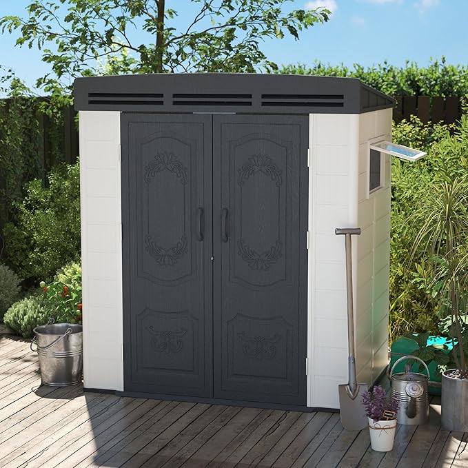6x4FT HDPE Resin Outdoor Storage Shed with Sloped Roof, Injection Molded Plastic Lean to Garden Tool Shed, All Weather Resistant, Lockable Double Doors & Ventilation for Backyard Patio