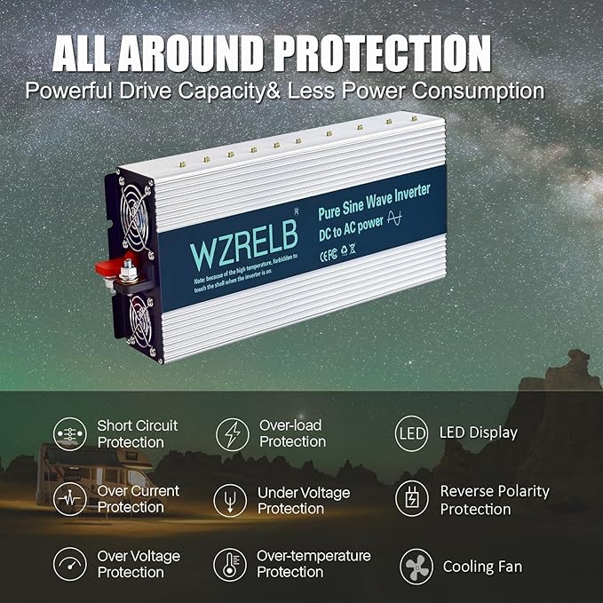 WZRELB 3500W Pure Sine Wave Inverter 24V DC to 110V 120V AC Power Converter with LED Display, Hardwire Terminal,Off-Grid Portable Power Inverter with Dual AC Outlets for Home, RV, Truck, Camping