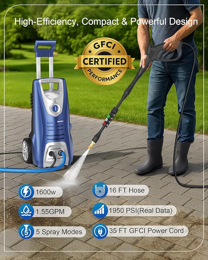 1600W Washer with 5Nozzles Set&Foam Cannon,16ft Hose,Adjustable Handle,Power Washer for Driveways, Cars, Fences, Decks, Patios&Outdoor Cleaning