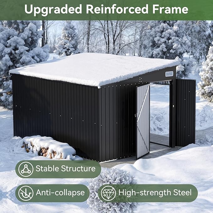 Aoxun 12' x 7.3' Shed 441 CU.FT Outdoor Waterproof Storage Shed with Triple Lockable Door Garden Metal Tool Shed for Outside (Black)