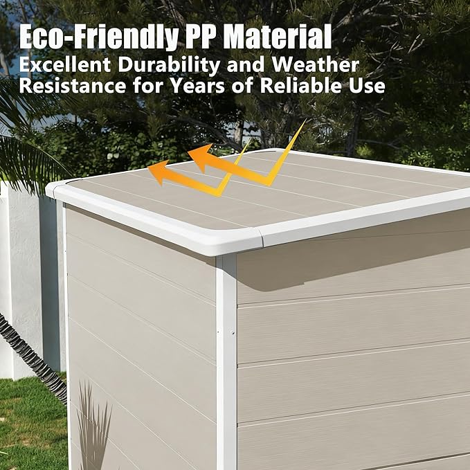 Outdoor Shed 5x3/6x4/7x7/8x6/8x10/8x12 FT, 15MM Thick PP Resin Plastic Shed with Lockable Door & Floor - Waterproof Plastic Tool Shed for Bike, Garbage Can, Backyard, Patio (Light Brown, 5X3FT)