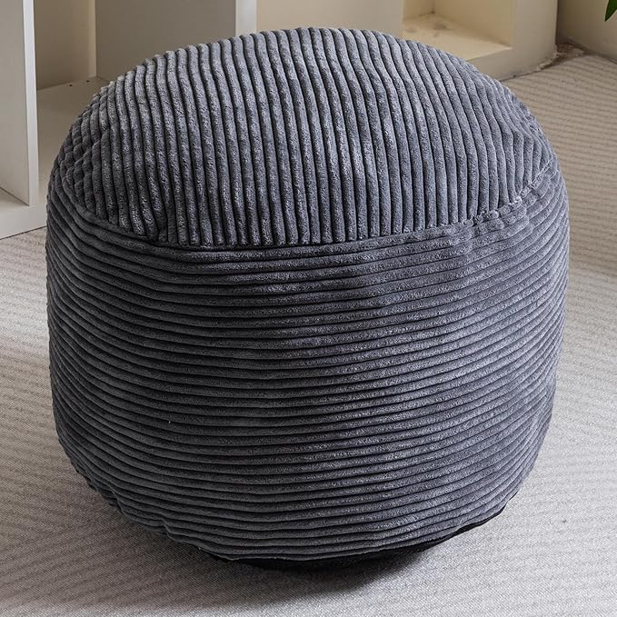 HIGOGOGO Round Stuffed Pouf Ottoman, Corduroy Poufs with Foam Chunk Filling, Furry and Fluffy Pouf Foot Stool Storage Ottoman, 26 X 18 Floor Poufs Foot Rest for Living Room, Dark Grey