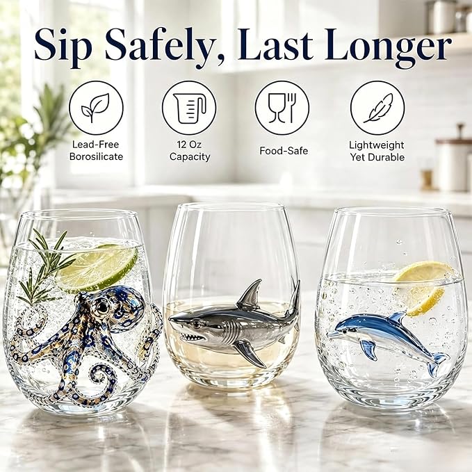 Novelty 3D Sculpted Ocean Life Stemless Wine Glasses, 12oz Embossed Sea Animal Glassware for Beverages, Premium Borosilicate Glass Beach Gifts (Seahorse)