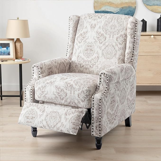 UIXE Recliner Chairs Set of 2, Fabric Upholstered Armchair Pushback Accent Chair for Living Room, Floral Rivet Trim Club Chair Home Theater Single Sofa Bedroom Side Reading Seat - Beige Pattern