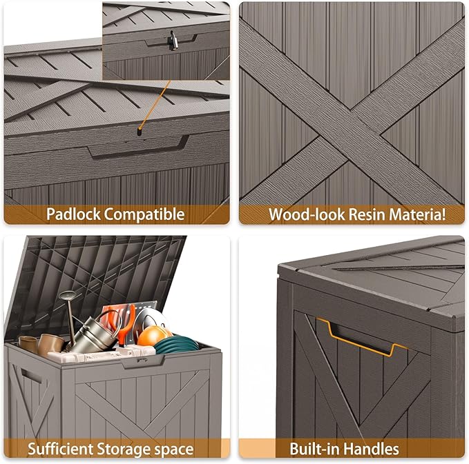 Vixzen 32 Gallon Resin Deck Box - Lockable Outdoor Storage for Patio Cushions, Garden Tools, Pool Supplies,Grey