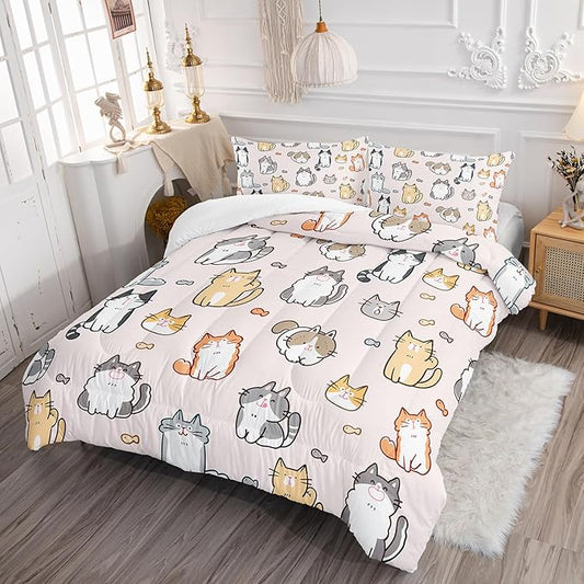Kids Cute Cat Comforter Set Twin Size 3Pcs Cartoon Pet Cat Fishing Bedding Set Lovely Animal Quilt Bed Set for Children Girls Boys Room Decor