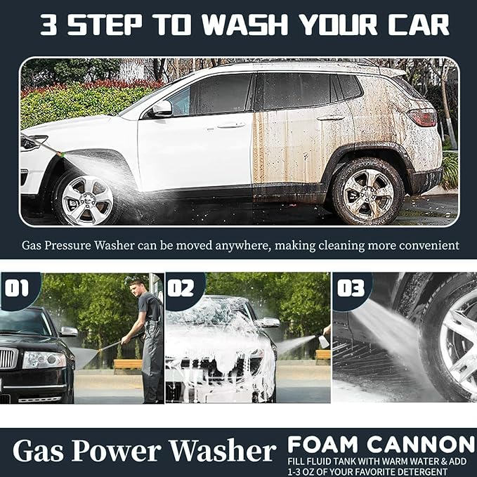 Professional 4200PSI 4GPM 196CC Gas Pressure Washer, Commercial Gas Power Washer with 5 Nozzles 25FT Hose Foam Bottle for Car Fence Driveway Yard (EPA/CARB/ETL Compliant), 2 Green Wheels