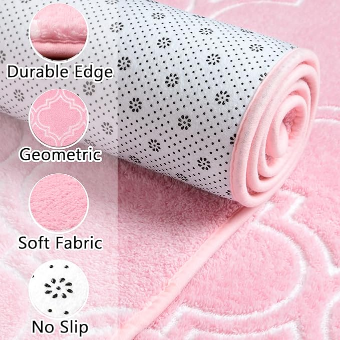 Chicrug Shag Geometric Modern Area Rug for Bedroom, 5x7 Feet Memory Foam Indoor Carpet, Fluffy Rug for Living Room Bedside Room Decor for Family Girls Kids Nursery Play Mat, Pink/White