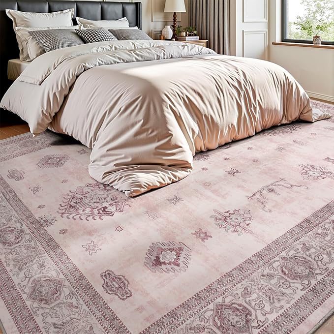 AMOAMI-Vintage Area Rug 6X9 Pink Rugs for Living Room-Soft Living Room Rug Non Slip Rugs for Bedroom Carpet Machine Washable Rug for Dining Room Bedside Office Room Decor