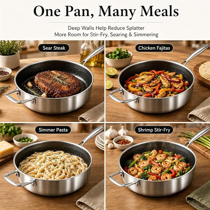 DELARLO Tri-Ply Hybrid Stainless Steel 10 Inch Saute Pan,3QT Chef Cooking Pan,Anti-Scratch,Compatible with All Cooktops,Oven Up to 660℉,Chicken Fryer,Dishwasher-Friendly(Detachable handle)