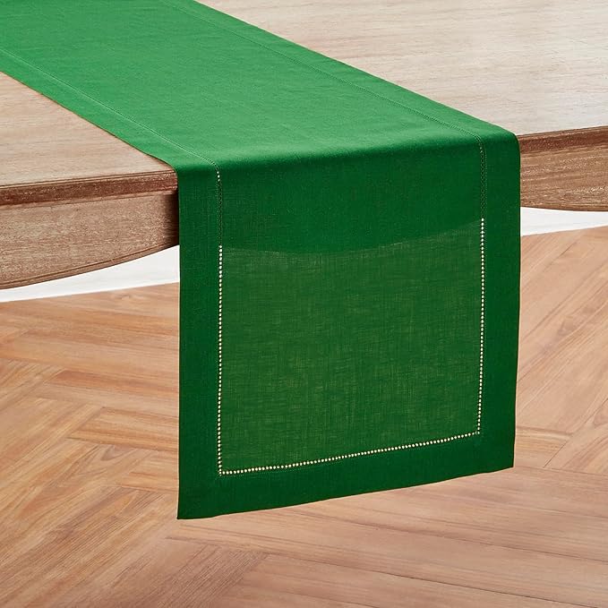 Solino Home Linen Table Runner 60 Inches - 100% Pure Linen Garden Green Hemstitch Table Runner 14 x 60 Inch Ideal for Dresser and Coffee Tables - Classic Hemstitch