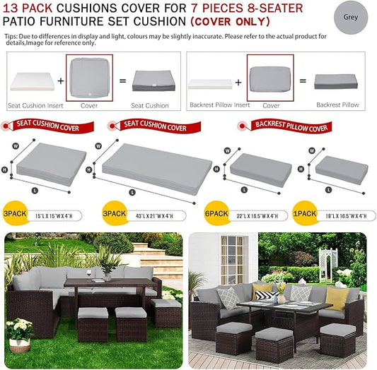 ClawsCover 13Pack Outdoor Seat and Back Cushions Replacement Covers Fit for 7Pieces Wicker Rattan Patio Furniture Set Sectional Couch with Dining Table and Ottoman,Gray-Include Cover Only