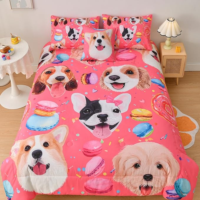 DORCAS Pink Twin Comforter Set for Girls Cute Dog Bedding Sets Twin Girls 6 Pieces Animal Twin Bed-in-A-Bag with Comforter,Sheets,Pillowcases for Kids
