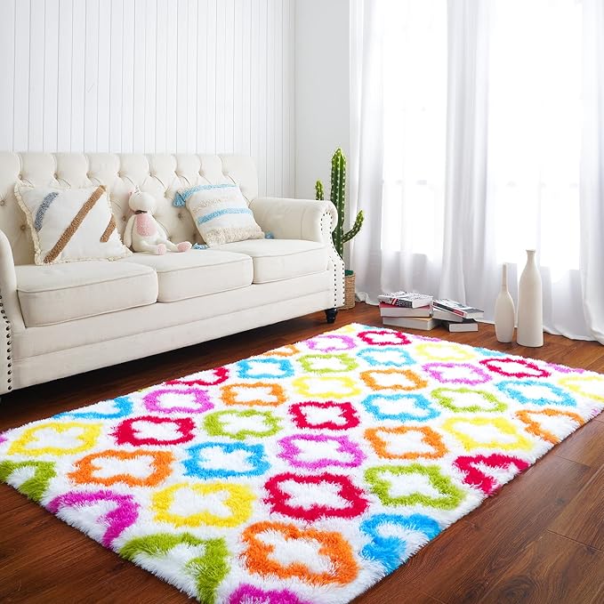 Tepook Fluffy Colorful Rug for Kids, Shaggy Soft Rainbow Area Rugs for Girls Bedroom, Indoor Modern Geometric Moroccan Rugs Plush Girls Kids Rug for Playroom Teens Room Nursery Home Decor, 3 X 5 ft