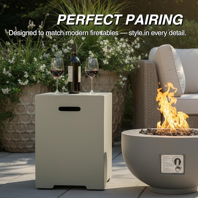 Propane Tank Cover Table for Fire Pits, 20 LB Concrete Propane Tank Holder with Side Handles, Outdoor Tank Storage Side Table for Patio, Gas Griddle, Aqua Grey